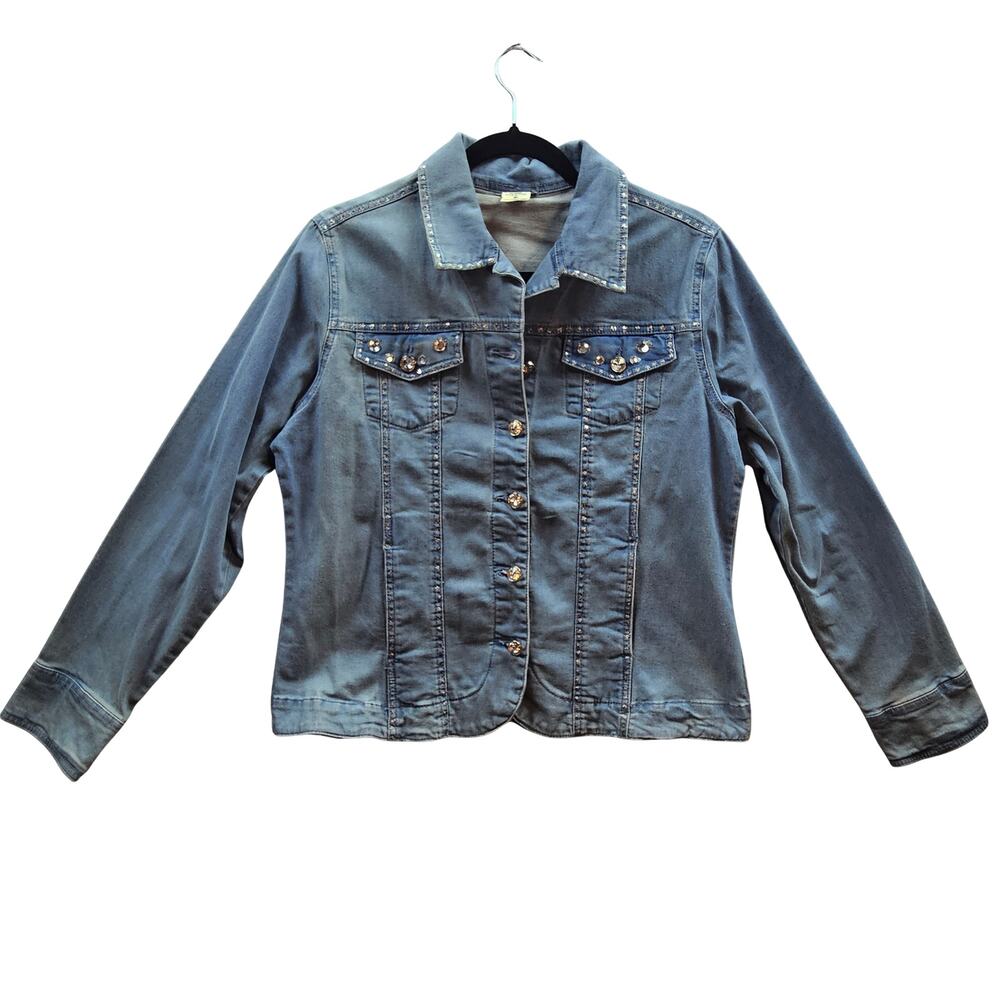 VTG Jeweled Denim Jacket Large Rhinestone Buttons Glittery Trim 96% Cotton